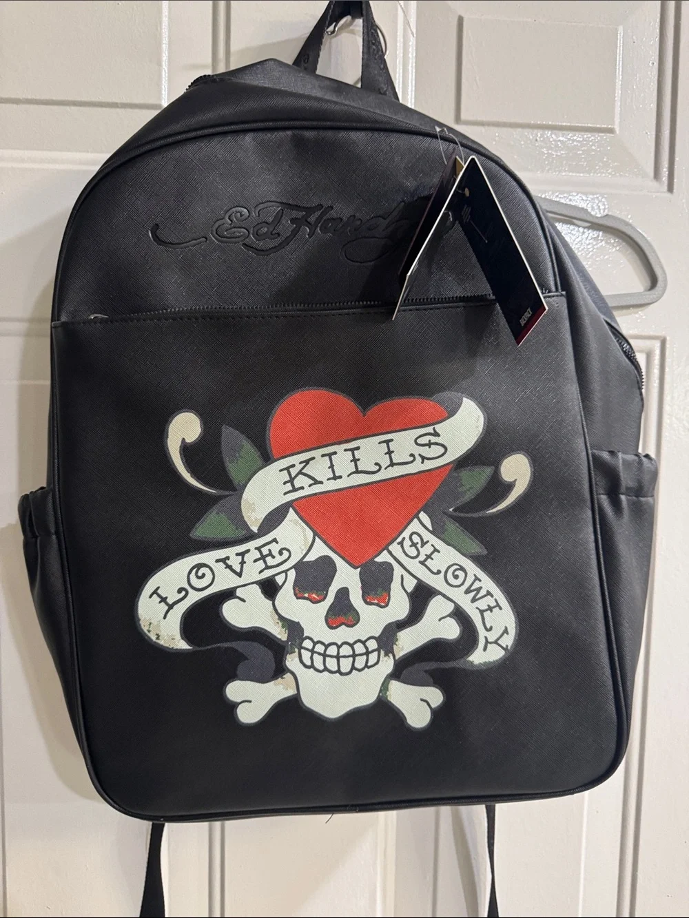 Ed Hardy Black Backpack with Red Heart and Skull Banner Graphic